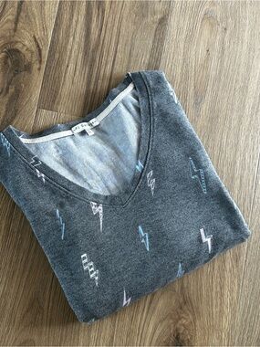 PJ Salvage Charcoal V-Neck Pullover with Pastel Lightning Bolts